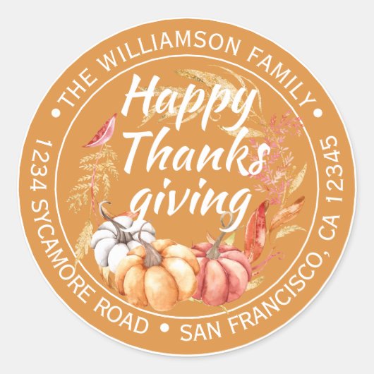 Happy Thanksgiving familienaam Return-adres Ronde Sticker (Voorkant)