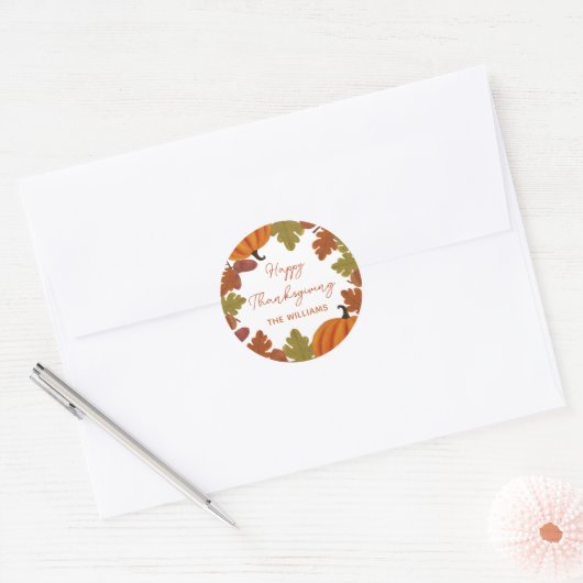 Happy Thanksgiving Family Name Autumn Ronde Sticker (Envelop)