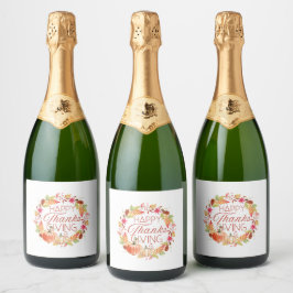 Happy Thanksgiving Floral Herfst Krans Sparkling Wijnetiket