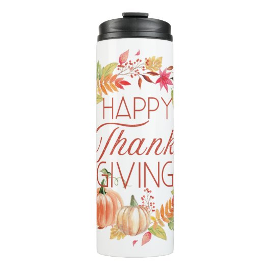 Happy Thanksgiving Floral Herfst Krans Thermosbeker (Voorkant)