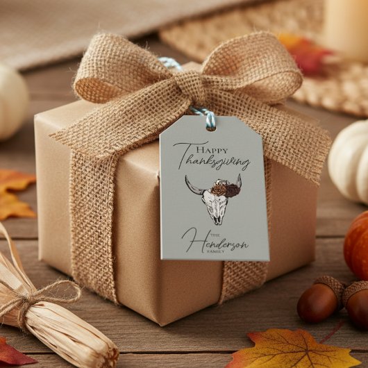 Happy Thanksgiving Floral Koe Schedel Herfst Oogst Cadeaulabel