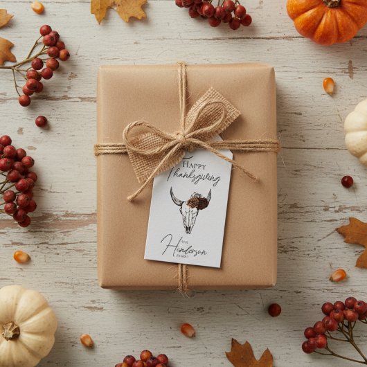 Happy Thanksgiving Floral Koe Schedel Herfst Oogst Cadeaulabel