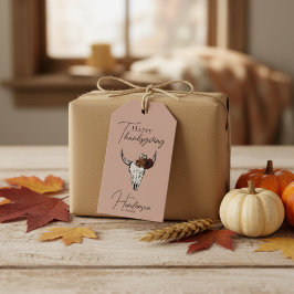 Happy Thanksgiving Floral Koe Schedel Herfst Oogst Cadeaulabel
