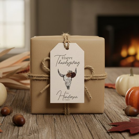 Happy Thanksgiving Floral Koe Schedel Herfst Oogst Cadeaulabel