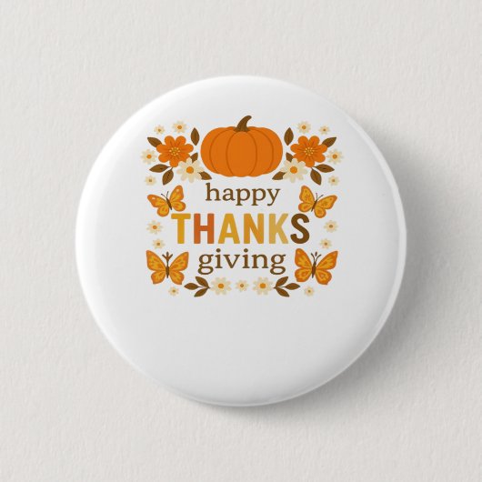 Happy Thanksgiving Floral Pumpkin Classic T-shirt Ronde Button 5,7 Cm (Voorkant)