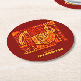 Happy Thanksgiving Geometric Abstract Oranje Brown Ronde Kartonnen Onderzetter
