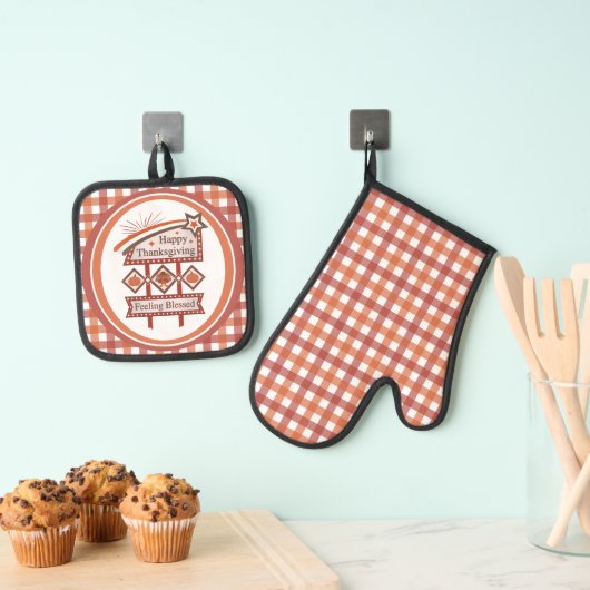 Happy Thanksgiving Gezegend Retro Teken Ovenwant & Pannenlap Set (Insitu(Ophanging))