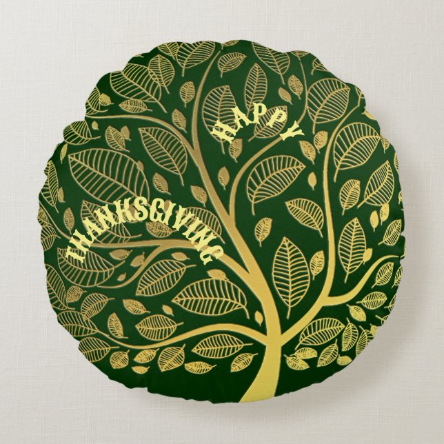 Happy Thanksgiving Gold Tree of Life Greenery Cute Rond Kussen (Voorkant)