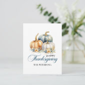 Happy Thanksgiving Goud Sinaasappel Blauwe Pompoen Briefkaart (Staand voorkant)