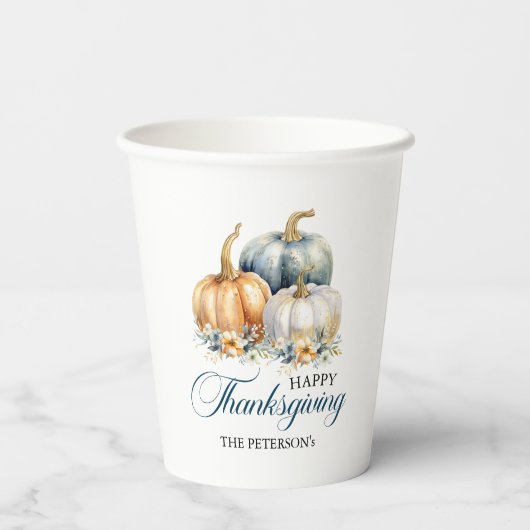 Happy Thanksgiving Goud Sinaasappel Blauwe Pompoen Papieren Bekers (Achterkant)