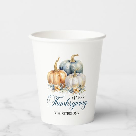 Happy Thanksgiving Goud Sinaasappel Blauwe Pompoen Papieren Bekers (Voorkant)
