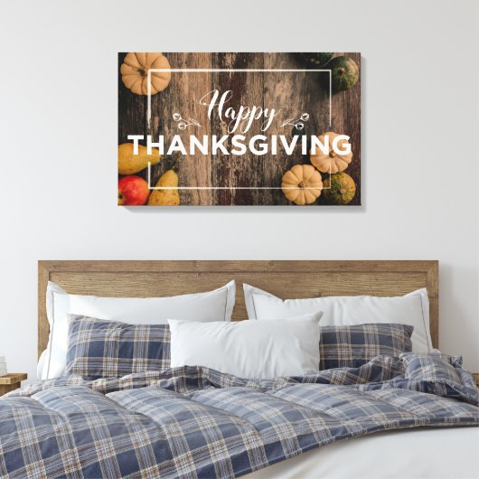Happy Thanksgiving Gourds op Rustic Wood Canvas Afdruk (Insitu (Slaapkamer))