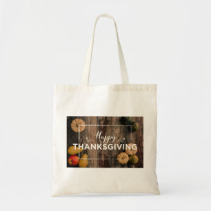 Happy Thanksgiving Gourds op Rustic Wood Tote Bag