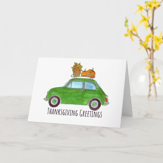 Happy Thanksgiving green Retro Fiat 500 Kaart (Gele Bloem)
