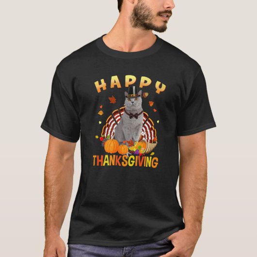 Happy Thanksgiving Grey Cat Turkey Pilgrim Pet Ho T-shirt (Voorkant)