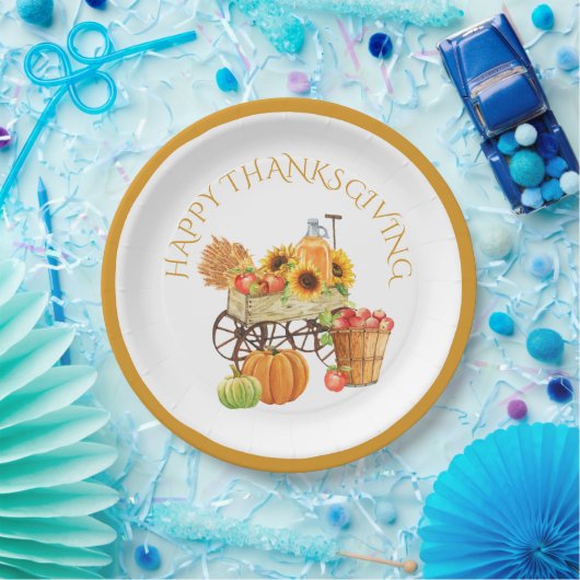 Happy Thanksgiving Harvest Flowers en Produce Papieren Bordje (Feest)