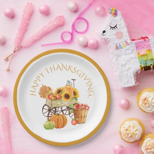 Happy Thanksgiving Harvest Flowers en Produce Papieren Bordje (Feest)