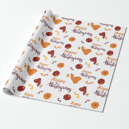 Happy Thanksgiving Harvest Pumpkin White Seamless Cadeaupapier (Uitgerold)