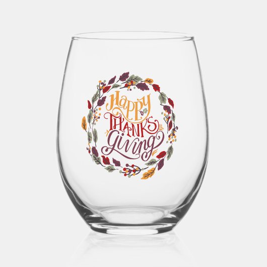 Happy Thanksgiving Herfst Autumn Leaves Wreate Wijnglas Zonder Voet (Voorkant)