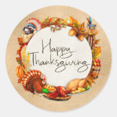 Happy Thanksgiving herfst blad krans dieren Ronde Sticker (Voorkant)