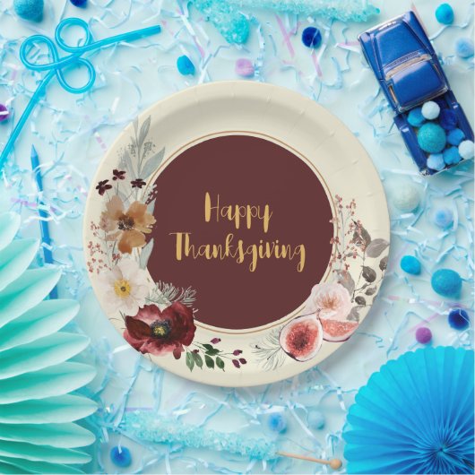Happy Thanksgiving Herfst Bloemen & Vijgen Papieren Bordje (Feest)
