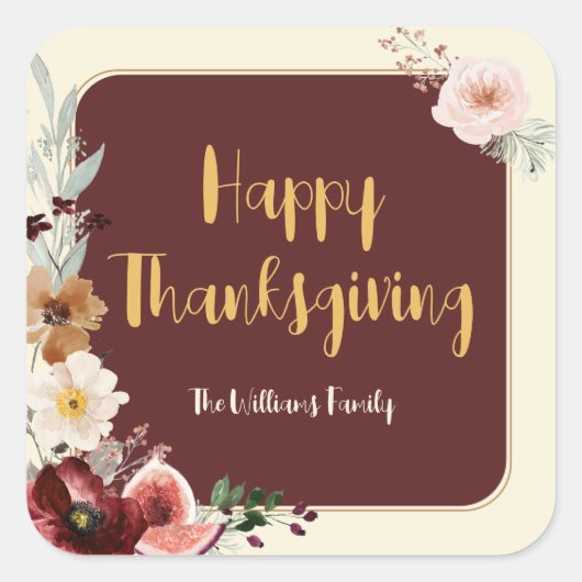Happy Thanksgiving Herfst Bloemen & Vijgen Vierkante Sticker (Voorkant)