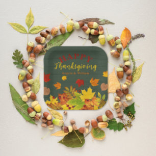 Happy Thanksgiving Herfst Colorful Foliage op hout Papieren Bordje