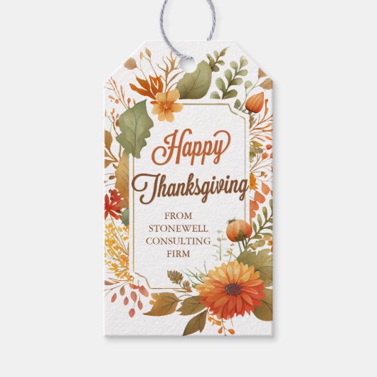 Happy Thanksgiving Herfst Flowers Custom Business Cadeaulabel (Voorkant)