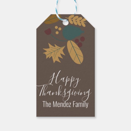 Happy Thanksgiving Herfst Folk Greenery Brown Cadeaulabel (Voorkant)