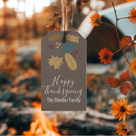 Happy Thanksgiving Herfst Folk Greenery Brown Cadeaulabel