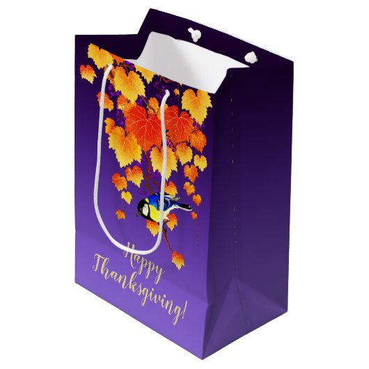 Happy Thanksgiving Herfst Grape Vine Great Tit Bir Medium Cadeauzakje (Voorkant Gekanteld)