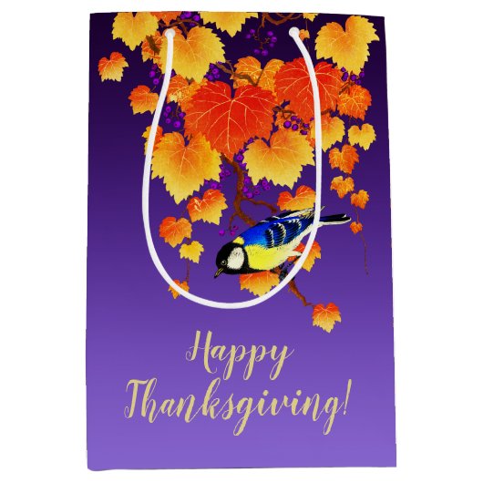 Happy Thanksgiving Herfst Grape Vine Great Tit Bir Medium Cadeauzakje (Voorkant)