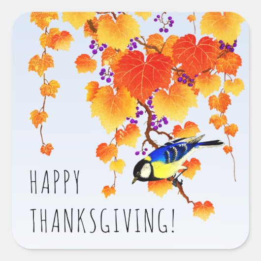 Happy Thanksgiving Herfst Grape Vine Great Tit Bir Vierkante Sticker (Voorkant)