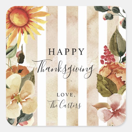 Happy Thanksgiving Herfst Herfst Waterverf Flowers Vierkante Sticker (Voorkant)