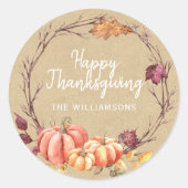 Happy Thanksgiving Herfst Pompoen Kraft Papier Ronde Sticker (Voorkant)