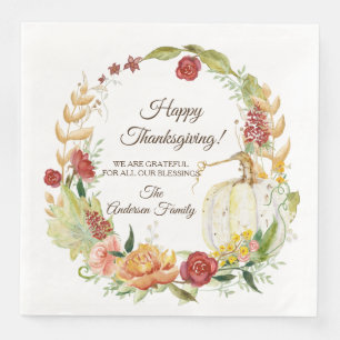 Happy Thanksgiving Herfst White Pumpkin Floral Art Servet