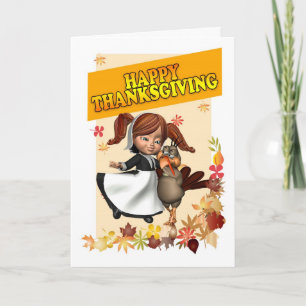 Happy Thanksgiving Little Pilgrim Girl Feestdagen Kaart
