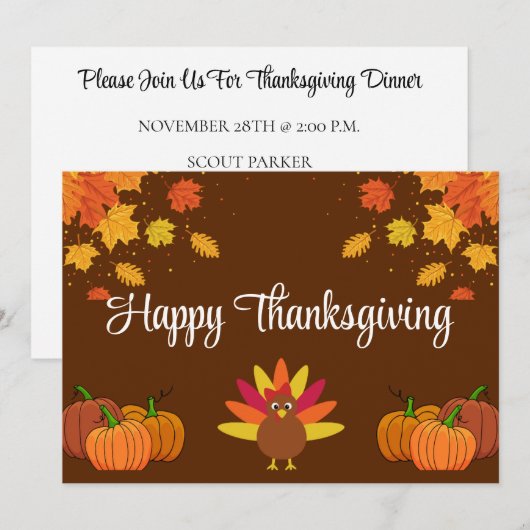 Happy Thanksgiving met bladeren, pompoenen en Turk Kaart (Voorkant / Achterkant)