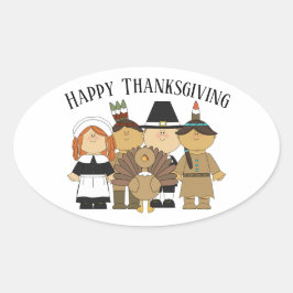 Happy Thanksgiving met Pilgrims en Indiërs Ovale Sticker