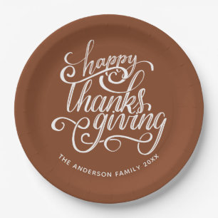 Happy Thanksgiving Modern Script Harvest Brown Papieren Bordje