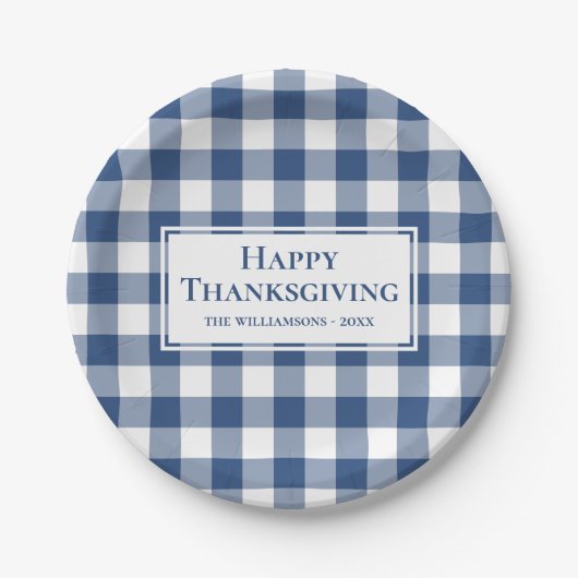 Happy Thanksgiving Name Blue White Gingham Plays Papieren Bordje (Voorkant)