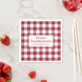 Happy Thanksgiving Name Burgundy Gingham Check Servet