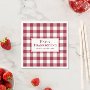 Happy Thanksgiving Name Burgundy Gingham Check Servet