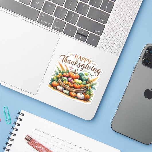 Happy Thanksgiving – Oogstmand met pompoenen Sticker (Laptop met iPhone)