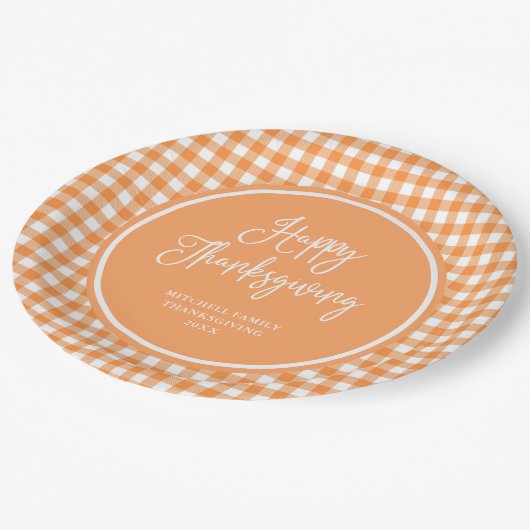 Happy Thanksgiving | Oranje Gingham Papieren Bordje (Gekanteld)