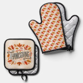 Happy Thanksgiving Oranje Yellow Fall Leaves Ovenwant & Pannenlap Set (Voorkant / Achterkant)
