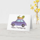 Happy Thanksgiving Paarse Retro Fiat 500 Kaart (Gele Bloem)