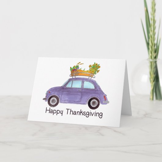 Happy Thanksgiving Paarse Retro Fiat 500 Kaart (Voorkant)