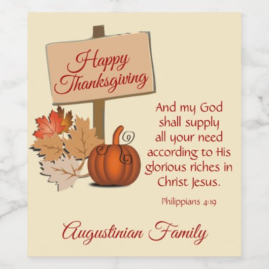 HAPPY THANKSGIVING Philippians 4:19 Manuscript Wijn Etiket (Enkel label)