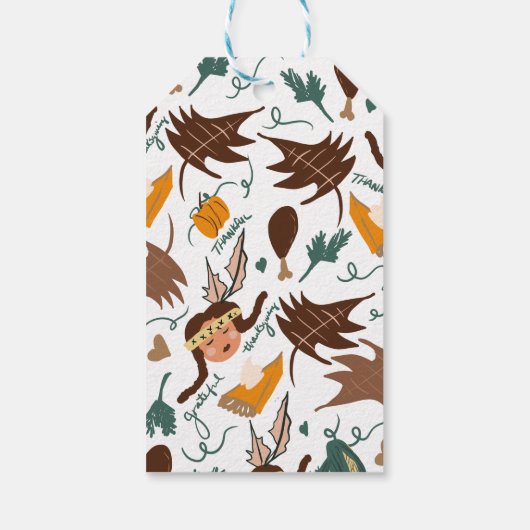 Happy Thanksgiving Pilgrim Herfst Greenery Doodles Cadeaulabel (Achterkant)